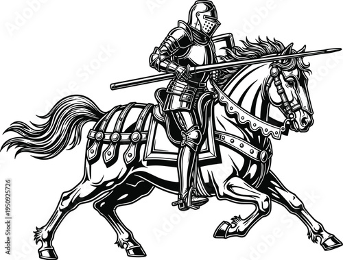 Knight in armor riding horse with lance black and white