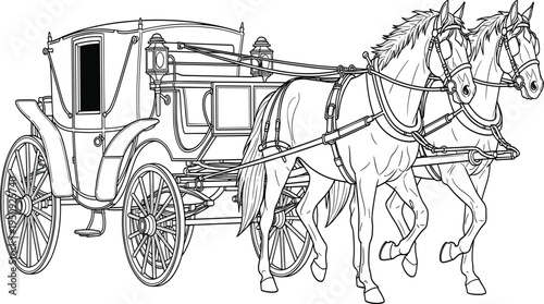 Horse drawn carriage with two horses side by side black and white