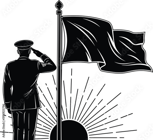 Soldier saluting flag at sunrise salute black and white