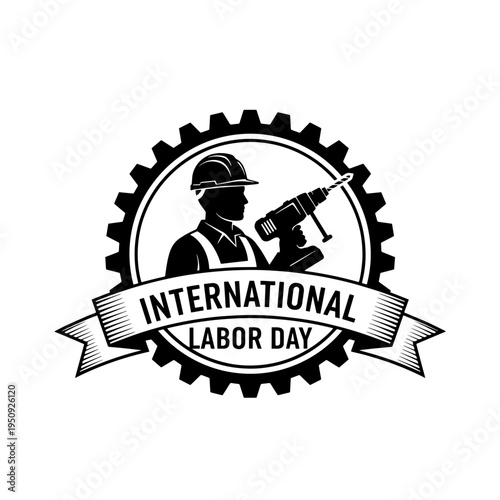 International Labor Day Commemorative Monochrome Vector Illustration featuring a construction worker silhouette in an industrial emblem design