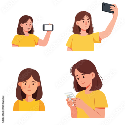 Woman taking selfies and photos with mobile phone and looking at screen
