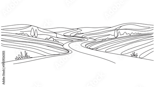 Abstract Countryside Field Landscape with Winding Path and Open Horizon Minimal Line Drawing Scenic Rural Illustration