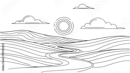 Minimal Line Art Sunrise Over Rolling Hills and Flowing River Landscape Scenic Nature Illustration with Peaceful Countryside Horizon View