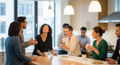 Diverse colleagues enjoying coffee break in modern office kitchen