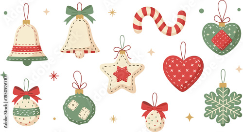 Christmas Tree Ornaments Set with Bells Candy Cane Star Heart Snowflake and Baubles Festive Holiday Decorations Vector Illustration