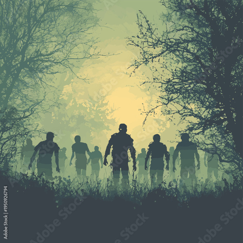 Horror Halloween concept. Silhouettes of scary zombies on misty field walking at the evening , vector style simple color