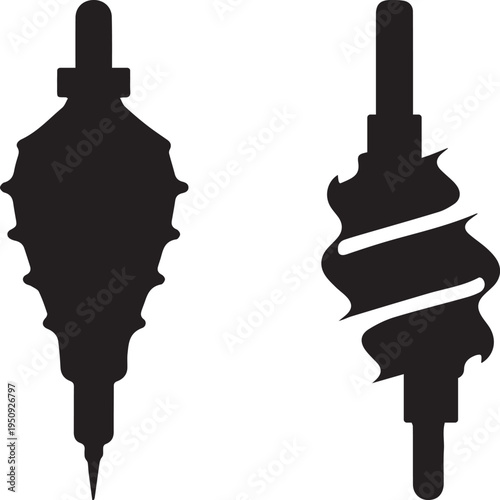 Abstract solid black fill clean silhouette vector design with transparent background, showing two drill bits for construction and industry