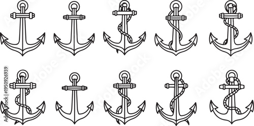 Collection of various anchor designs and illustrations in black and white Vector