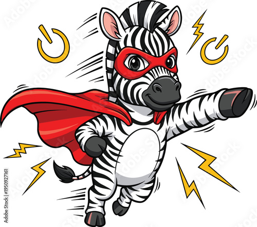 Superhero zebra flying with red cape and mask, powerful cartoon safari animal hero vector illustration for comic design