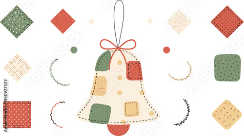 Christmas Patchwork Bell with Fabric Squares and Decorative Stitch Pattern Holiday Craft Style Vector Illustration