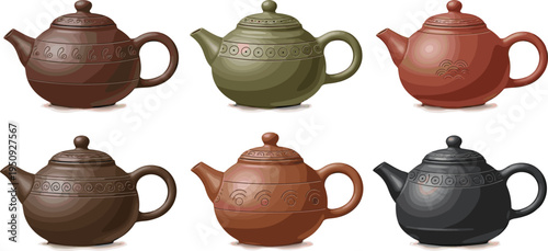 Traditional Ceramic Teapot Collection with Decorative Patterns, Vintage Tea Kettle Designs and Classic Asian Teaware Pot Vector Illustration Set