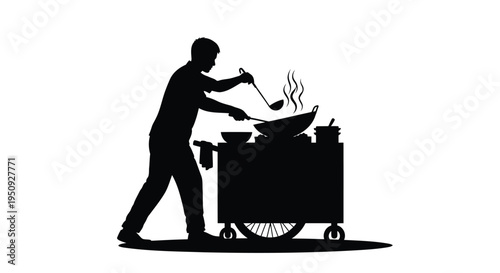 Vector silhouette of a man cooking on a food cart
