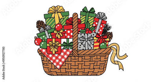 Vector illustration of a wicker picnic basket filled with wrapped Christmas gifts