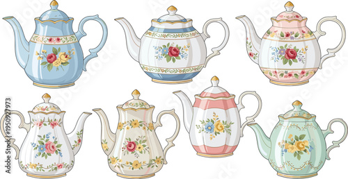 Vintage Floral Porcelain Teapot Collection with Elegant Rose Patterns, Decorative Ceramic Tea Pots and Classic Antique Teaware Vector Illustration Set