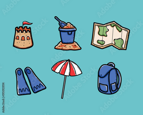 Cute Hand-Drawn Beach Vacation Icons: Sandcastle, Bucket, Umbrella, Diving Fins, Map And Backpack