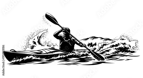 Man Kayaking in Rough Ocean Waves, Black and White Vector Illustration