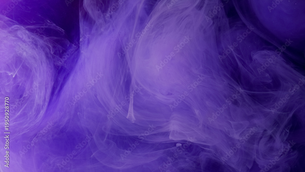 Fototapeta premium Ink fog water. Acrylic cloud smoke. Glitter purple blue color splash vapor fume liquid mist haze spreading on abstract art defocused background.