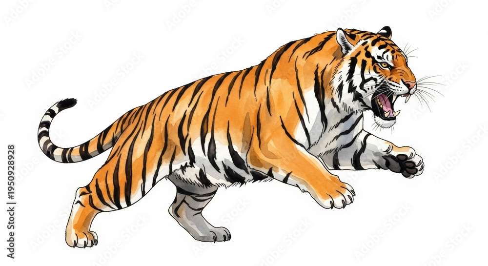 Obraz premium Fierce Tiger Illustration in Action with Striking Orange Stripes