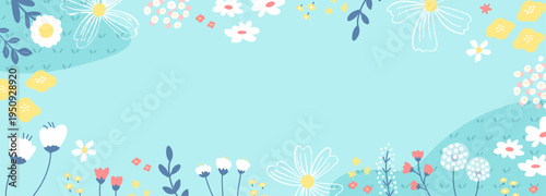 水色ベースのやさしい花フレーム背景｜春のボタニカルイラスト