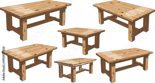 Wooden Rustic Table Furniture Collection with Different Angles, Handmade Carpenter Workbench Style and Natural Wood Texture Vector Illustration Set