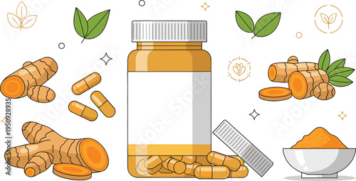 Turmeric Capsules Supplement Bottle with Root Powder and Leaves Natural Herbal Medicine Health Vector Illustration