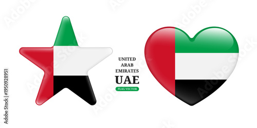 United Arab Emirates or UAE national flag with a glossy glass-like effect in star and heart isolated on white background for sports graphics or infographic media design, vector 3d for design