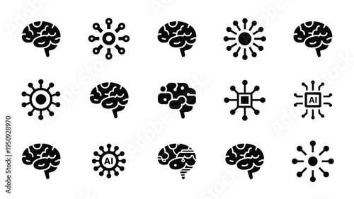 Collection of minimalist black vector brain icons with various creative designs and ai symbols on white background for concepts of intelligence technology and innovation