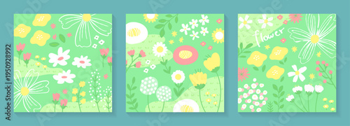 春の花畑のナチュラルパターン背景イラスト｜手描き風でかわいいボタニカルベクター素材