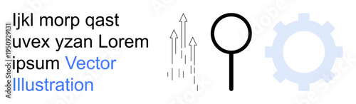 Business growth, data analysis, search optimization, innovation, technology, and process management. Arrows, magnifying glass cogwheel elements. Business growth and data analysis concept