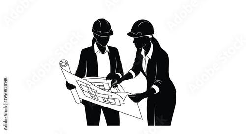 Vector illustration of two engineers or architects in hard hats reviewing blueprints