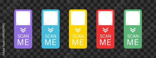 Scan me Frame. Icon set for shop identification with barcode. QR code for mobile payment. Scan sticker or click CTA button. Simple Vector illustration.