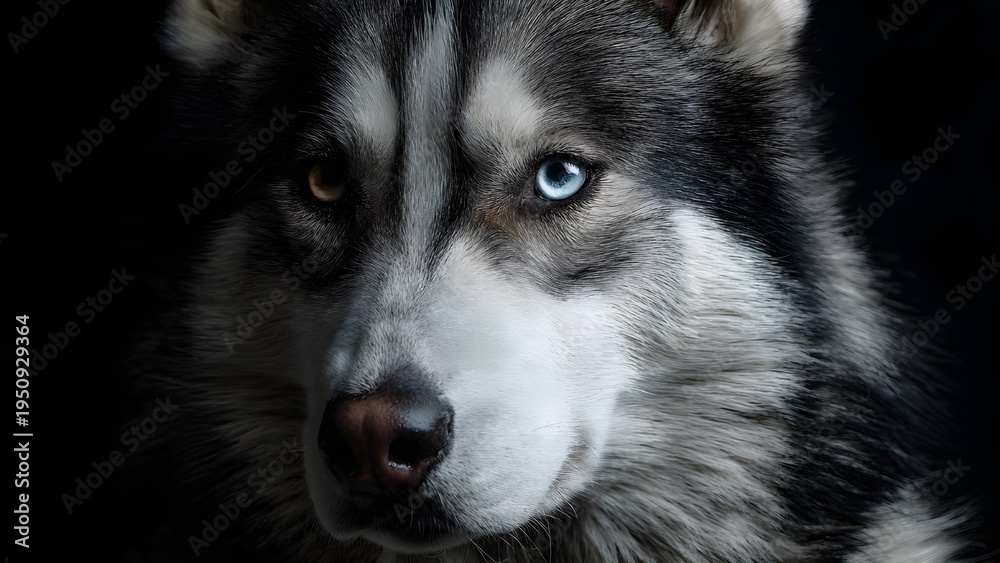 Obraz premium Dramatic portrait of a Husky dog in low-key lighting creating a mysterious and powerful mood.