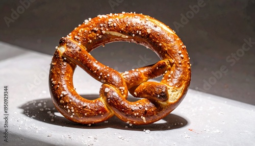 Soft pretzel sprinkled with salt on gray surface