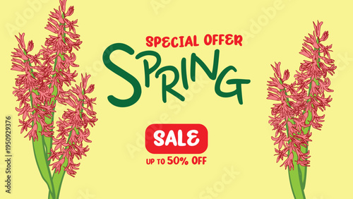 Spring Sale Poster with Red Hyacinth Flowers