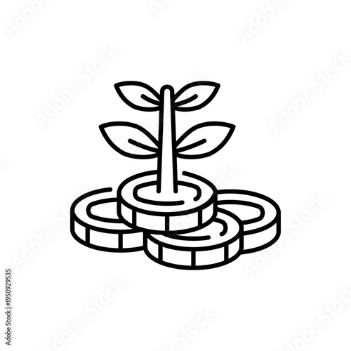 Plant growing from stack of coins money investment line art icon