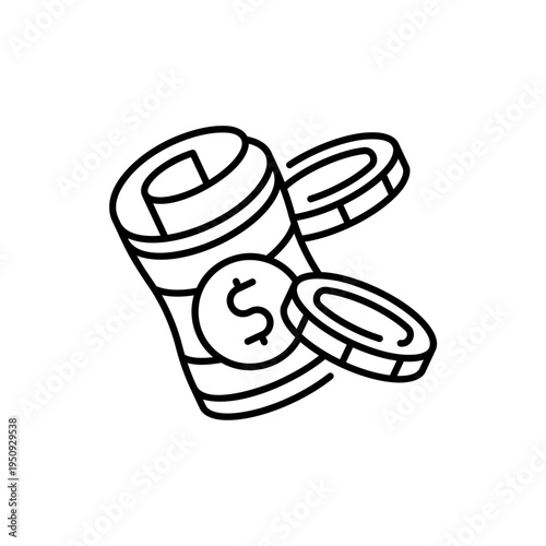 Rolled paper money bill and stacks of coins finance line art icon