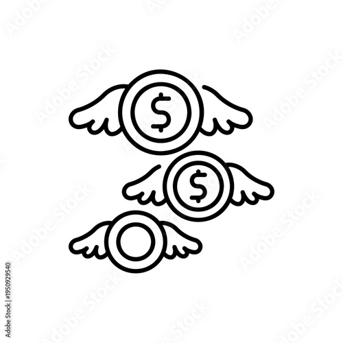 Flying coins with wings icon representing quick earnings or high spending