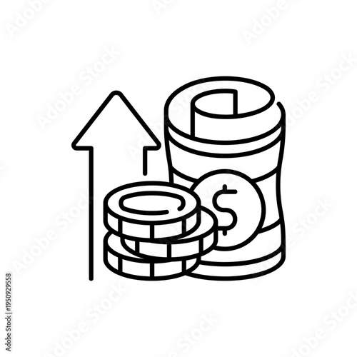 Stacks of coins and bills with rising arrow money growth icon