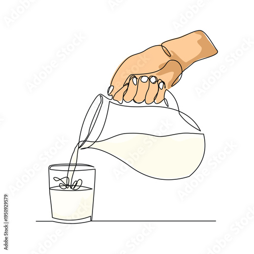 Continuous line sketch drawing of hand pouring a jug tea pot jar of fresh milk juice into glass. advertisement one single line art concept vector illustration editable stroke