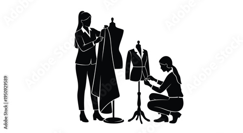 Vector illustration of two people working on clothing and mannequins