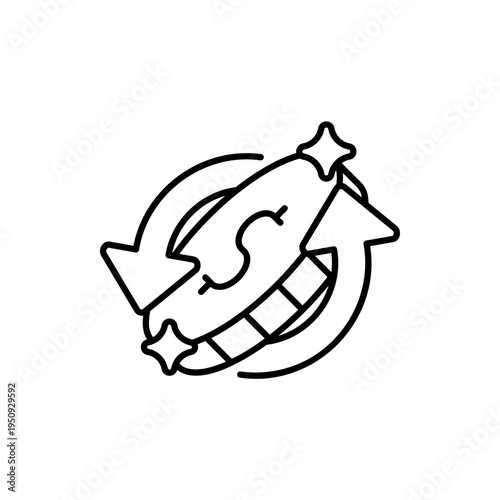 Coin with circular arrows and sparkle stars money refinance icon