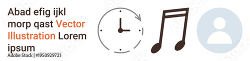 Time management, music, user interface, digital tools, branding, creativity. Minimal clock, music note and profile icons. Time management and music concepts