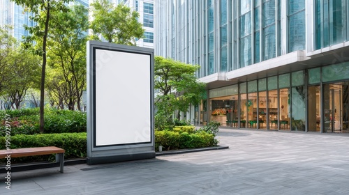 Blank vertical advertising billboard mockup in a modern office park plaza