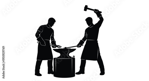 Black silhouette of two blacksmiths working at an anvil vector