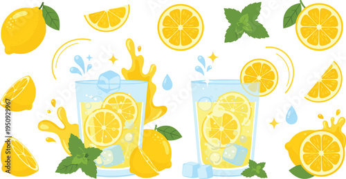 Fresh Lemonade Drinks with Lemon Slices Mint Leaves Ice Cubes and Splash Summer Refreshing Beverage Vector Illustration