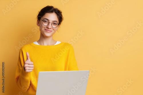 happy female student wearing glasses giving thumbs up while studying online with laptop, education success concept