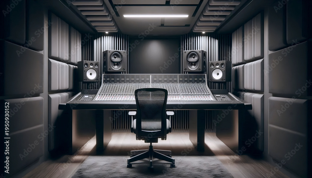 Fototapeta premium A deep, studio-style desk mockup with an empty, angled slot for a mixing console, set in a room with treated walls, Ai generated image