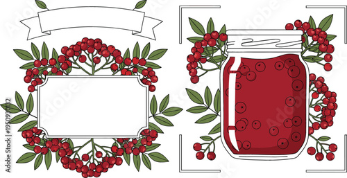 Rowan Berry Jam Label Template with Red Berries Leaves Frame and Jar Homemade Organic Preserve Packaging Vector Illustration