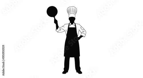 Vector chef icon, black silhouette, holding frying pan