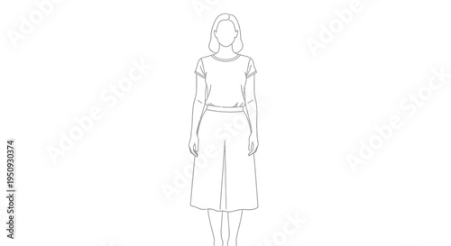 Woman Standing Full Body Fashion Sketch, Minimalist Line Art Female Model Outfit